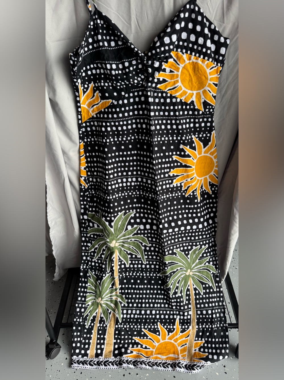 LOFT Black Maxi Dress with Yellow Sun and Green Palm Print
